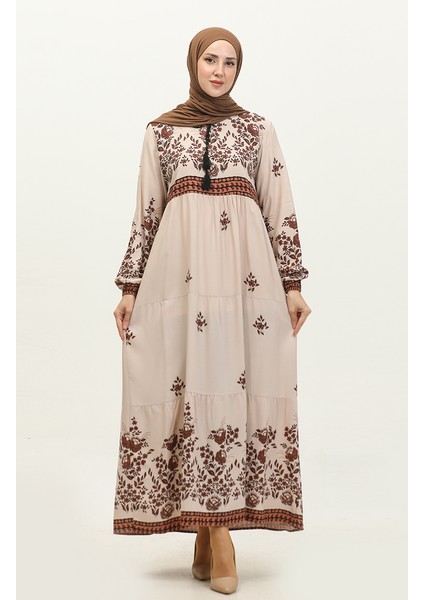 Büyük Beden Çiçek Desenli Viskon Elbise 4084-02 Bej