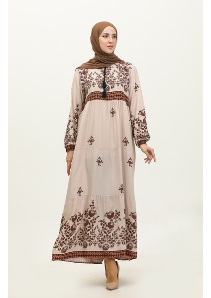 Büyük Beden Çiçek Desenli Viskon Elbise 4084-02 Bej fiyatları