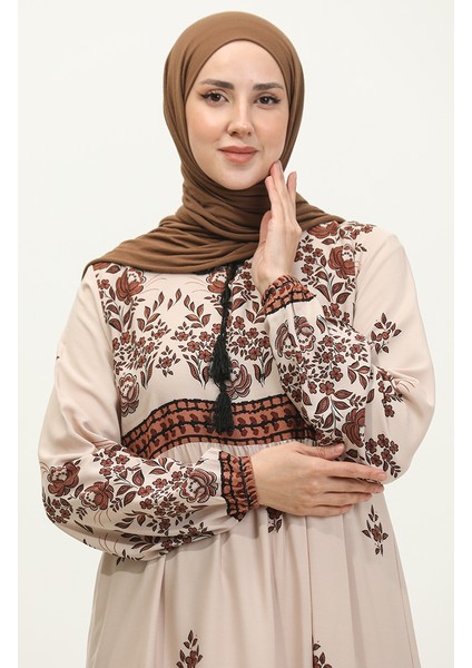 Büyük Beden Çiçek Desenli Viskon Elbise 4084-02 Bej modelleri