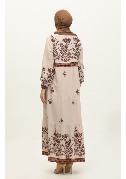 Büyük Beden Çiçek Desenli Viskon Elbise 4084-02 Bej indirimleri