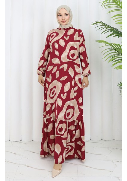 Viskon Kumaş Desenli Elbise 2041-02 Bordo Vizon