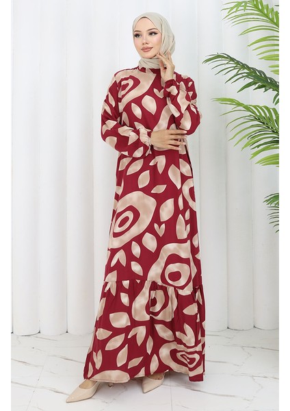 Viskon Kumaş Desenli Elbise 2041-02 Bordo Vizon fiyatları