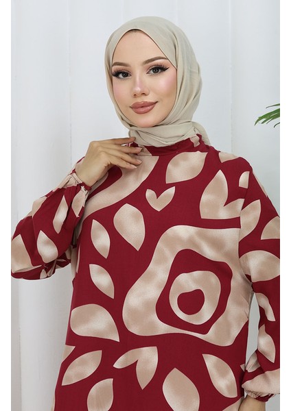 Viskon Kumaş Desenli Elbise 2041-02 Bordo Vizon modelleri