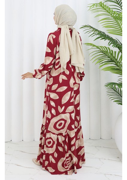Viskon Kumaş Desenli Elbise 2041-02 Bordo Vizon indirimleri