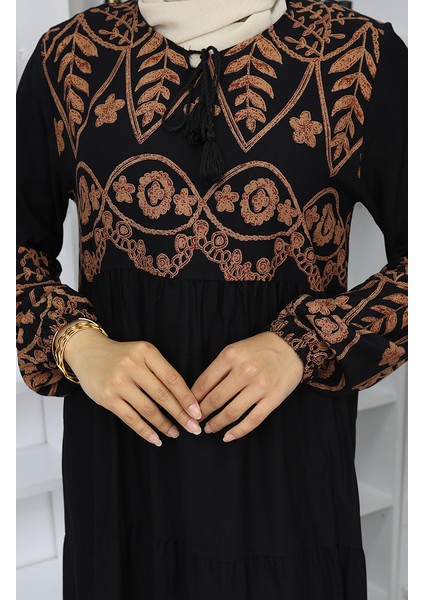 Desenli Viskon Elbise 4076-02 Siyah fırsatları