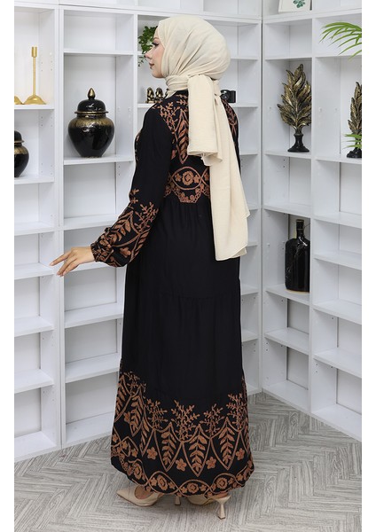 Desenli Viskon Elbise 4076-02 Siyah indirimleri