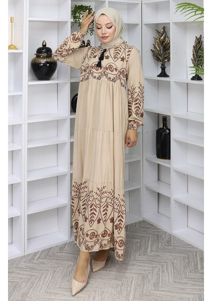 Desenli Viskon Elbise 4076-06 Vizon modelleri