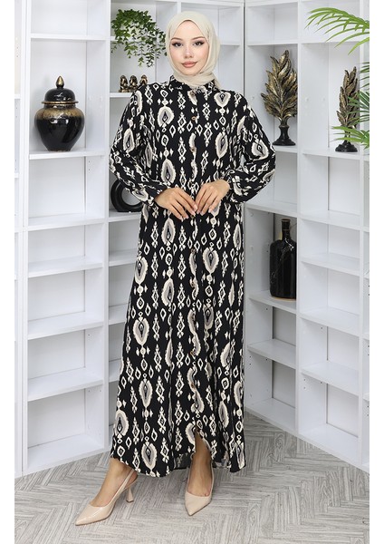 Viskon Kumaş Boydan Düğmeli Elbise 2050-04 Siyah Bej