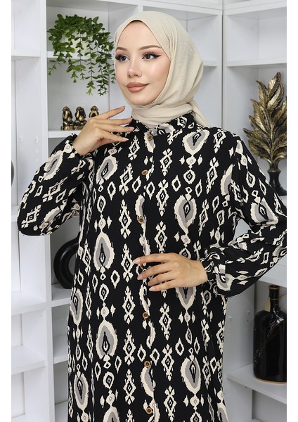 Viskon Kumaş Boydan Düğmeli Elbise 2050-04 Siyah Bej fırsatları