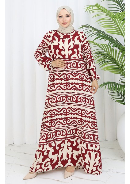 Viskon Kumaş Desenli Elbise 0057-03 Bordo Bej