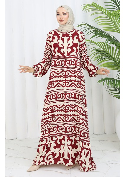 Viskon Kumaş Desenli Elbise 0057-03 Bordo Bej fiyatları