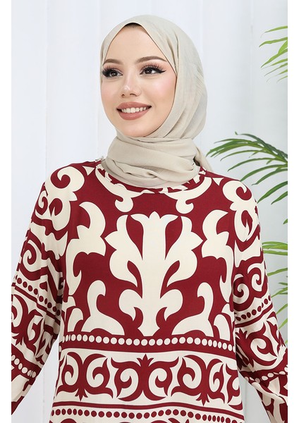 Viskon Kumaş Desenli Elbise 0057-03 Bordo Bej modelleri