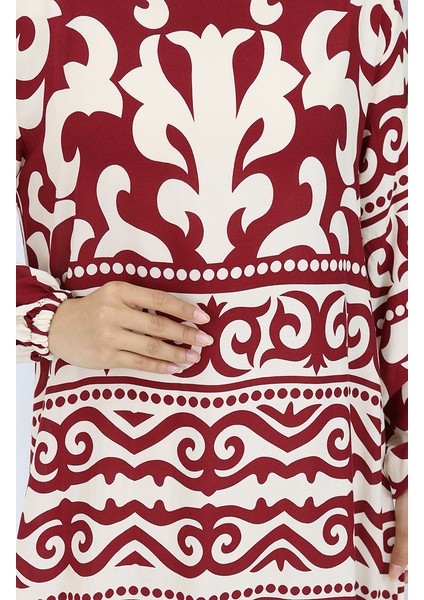 Viskon Kumaş Desenli Elbise 0057-03 Bordo Bej fırsatları