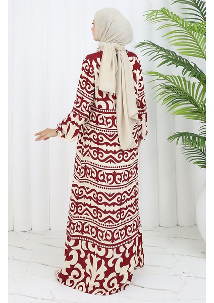 Viskon Kumaş Desenli Elbise 0057-03 Bordo Bej indirimleri