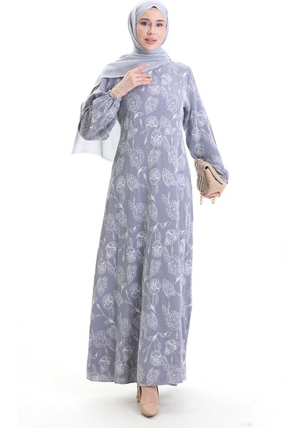 Kolu Lastikli Desenli Elbise 2046-05 Lacivert