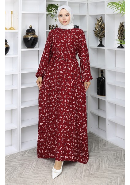 Desenli Kuşaklı Elbise 2049-03 Bordo