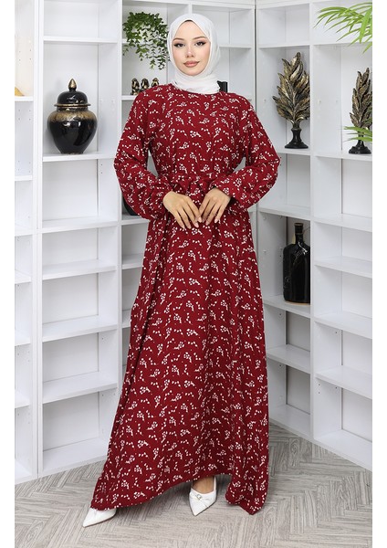 Desenli Kuşaklı Elbise 2049-03 Bordo fiyatları
