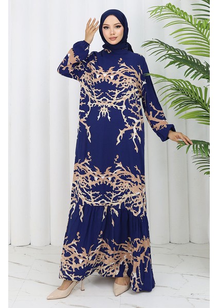 Viskon Kumaş Desenli Elbise 2040-01 Lacivert Vizon