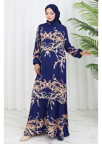 Viskon Kumaş Desenli Elbise 2040-01 Lacivert Vizon fiyatları