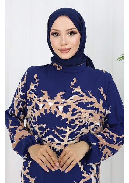 Viskon Kumaş Desenli Elbise 2040-01 Lacivert Vizon modelleri