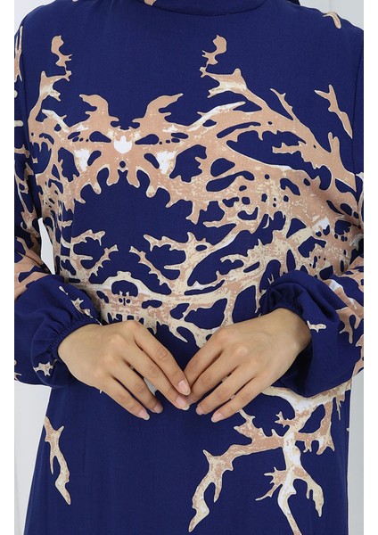 Viskon Kumaş Desenli Elbise 2040-01 Lacivert Vizon fırsatları