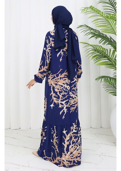 Viskon Kumaş Desenli Elbise 2040-01 Lacivert Vizon indirimleri