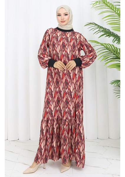 Şifon Kumaş Yaprak Desenli Elbise 0054-02 Mürdüm