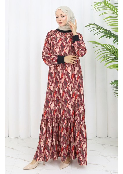 Şifon Kumaş Yaprak Desenli Elbise 0054-02 Mürdüm fiyatları