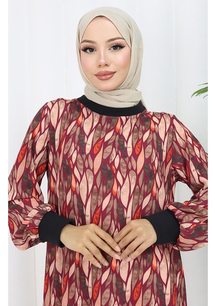 Şifon Kumaş Yaprak Desenli Elbise 0054-02 Mürdüm modelleri