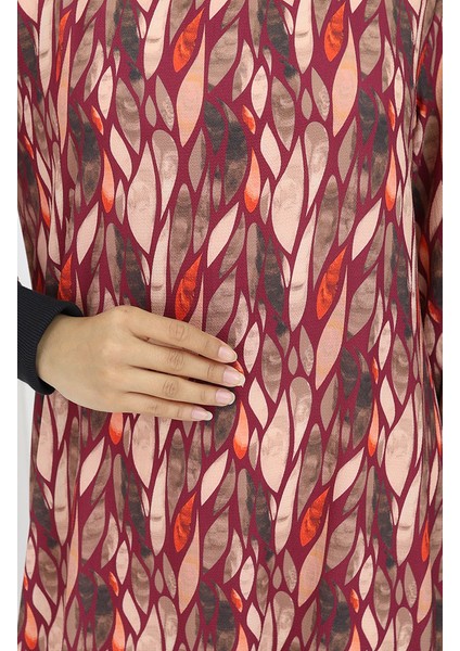 Şifon Kumaş Yaprak Desenli Elbise 0054-02 Mürdüm fırsatları