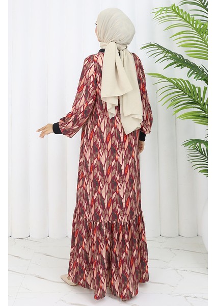 Şifon Kumaş Yaprak Desenli Elbise 0054-02 Mürdüm indirimleri