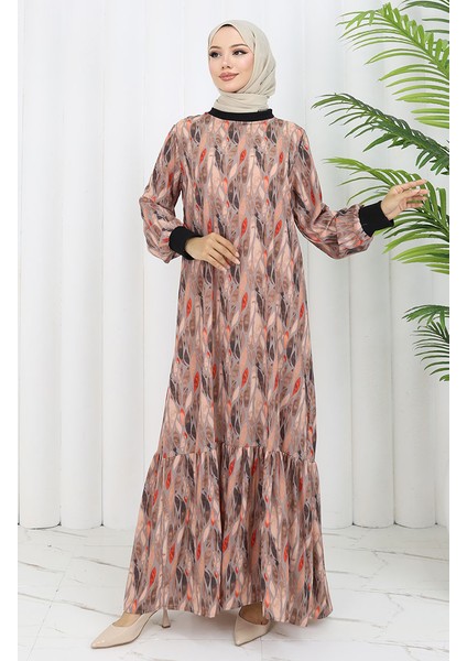 Şifon Kumaş Yaprak Desenli Elbise 0054-04 Vizon