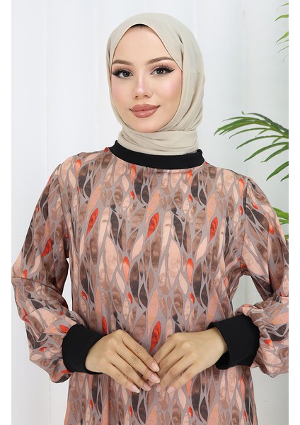 Şifon Kumaş Yaprak Desenli Elbise 0054-04 Vizon modelleri