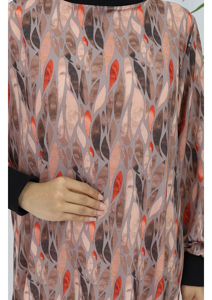 Şifon Kumaş Yaprak Desenli Elbise 0054-04 Vizon fırsatları