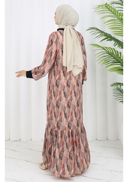 Şifon Kumaş Yaprak Desenli Elbise 0054-04 Vizon indirimleri