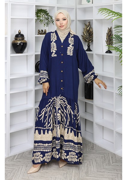 Viskon Kumaş Yarım Düğmeli Elbise 0056-03 Lacivert fiyatları