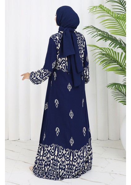 Viskon Kumaş Desenli Elbise 0060-03 Lacivert indirimleri