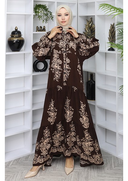 Viskon Kumaş Yarım Düğmeli Elbise 2044-05 Kahverengi