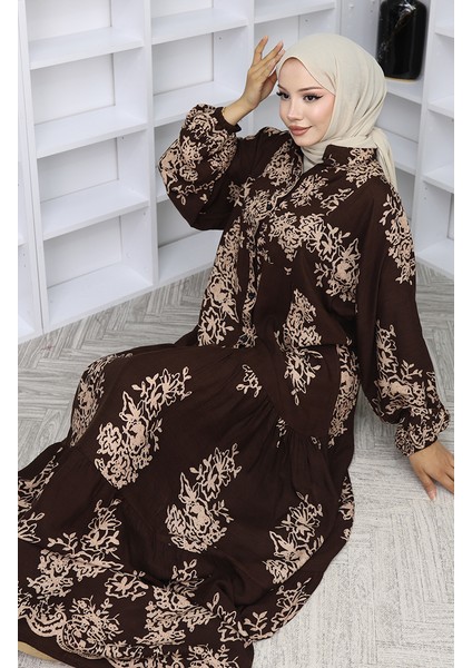 Viskon Kumaş Yarım Düğmeli Elbise 2044-05 Kahverengi modelleri