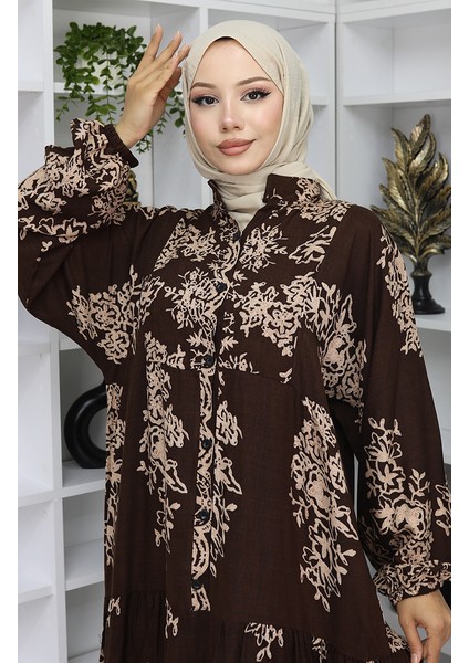 Viskon Kumaş Yarım Düğmeli Elbise 2044-05 Kahverengi fırsatları