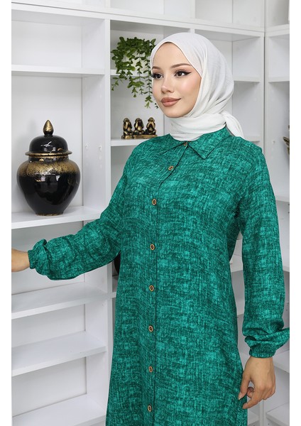Viskon Kumaş Boydan Düğmeli Uzun Tunik 0070-06 Yeşil modelleri