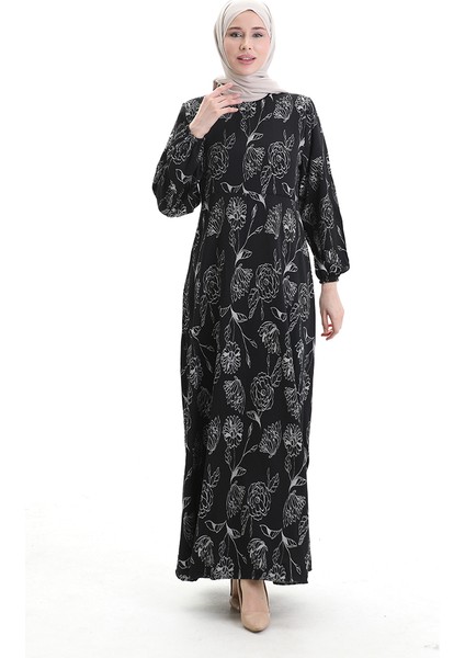 Kolu Lastikli Desenli Elbise 2046-03 Siyah