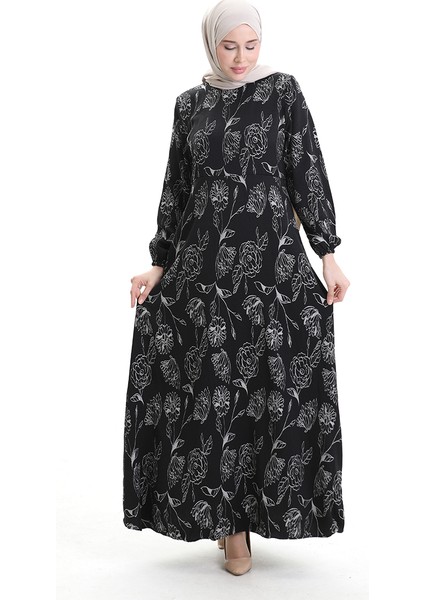 Kolu Lastikli Desenli Elbise 2046-03 Siyah modelleri