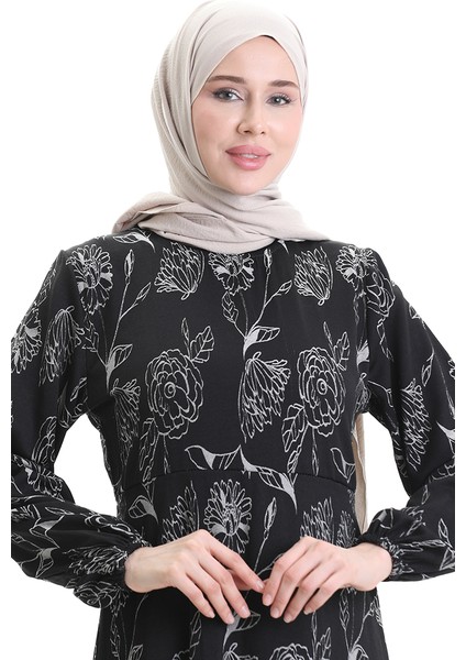 Kolu Lastikli Desenli Elbise 2046-03 Siyah fırsatları