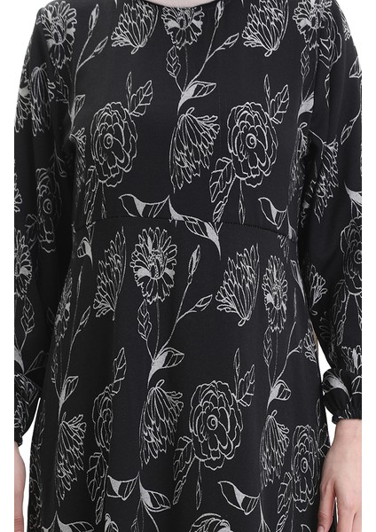 Kolu Lastikli Desenli Elbise 2046-03 Siyah indirimleri