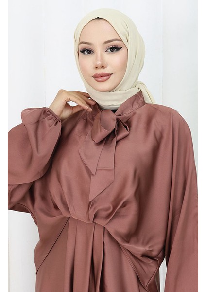Kravat Yaka Saten Elbise 6204-01 Kahverengi fırsatları