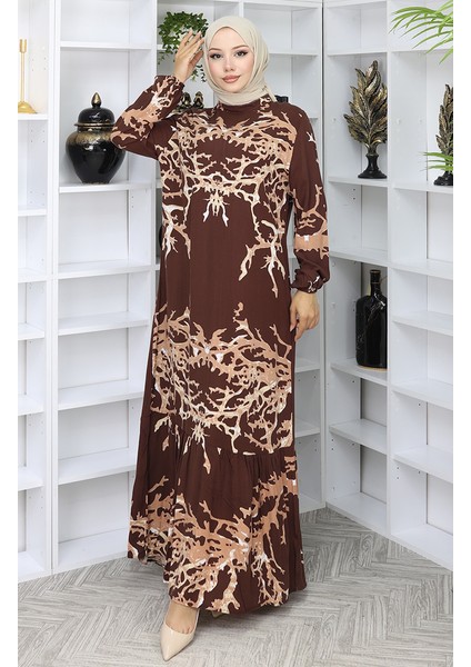 Viskon Kumaş Desenli Elbise 2040-04 Kahverengi Vizon
