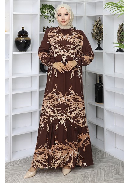 Viskon Kumaş Desenli Elbise 2040-04 Kahverengi Vizon fiyatları