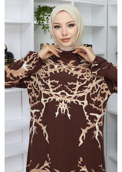 Viskon Kumaş Desenli Elbise 2040-04 Kahverengi Vizon fırsatları