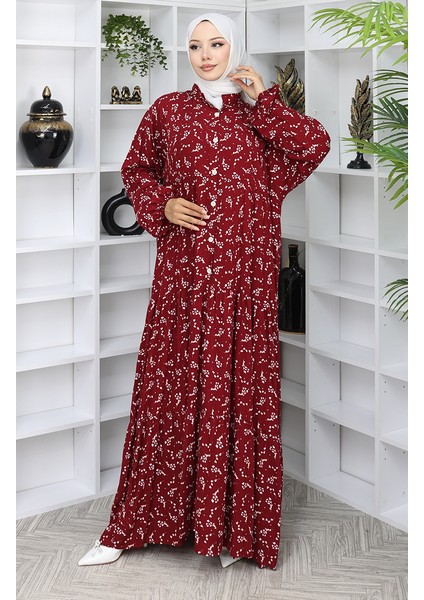 Viskon Kumaş Desenli Elbise 2048-04 Bordo